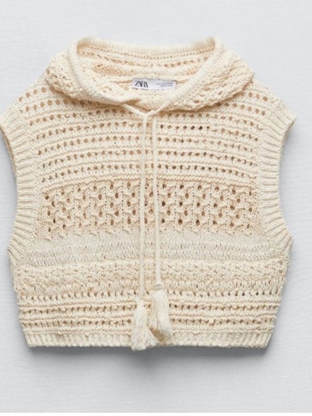 Zara Cream Cotton Blend Open Knit Cropped Hoodie Top Size S